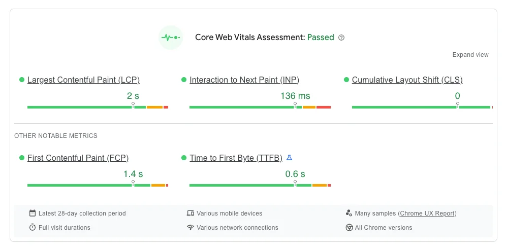 Core Web Vitals assessment showing metrics like Largest Contentful Paint (LCP), Interaction to Next Paint (INP), and Cumulative Layout Shift (CLS) for optimized Shopify mobile performance