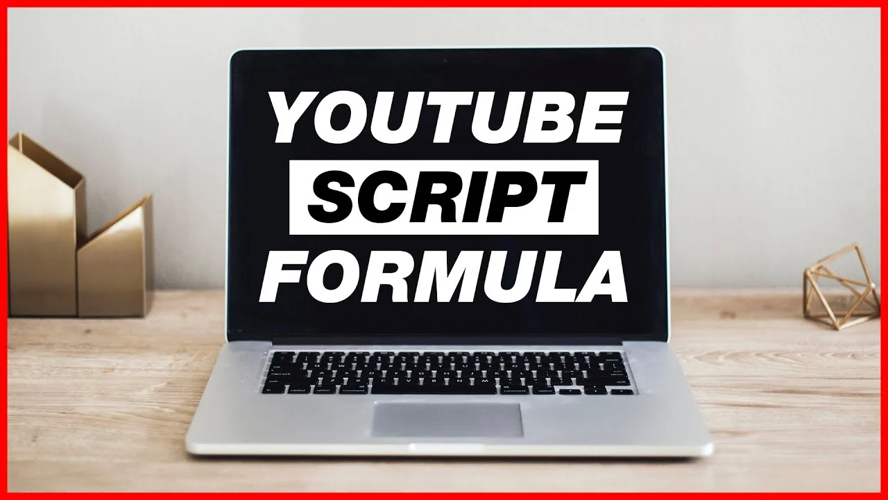 Laptop displaying text 'YouTube Script Formula' on the screen