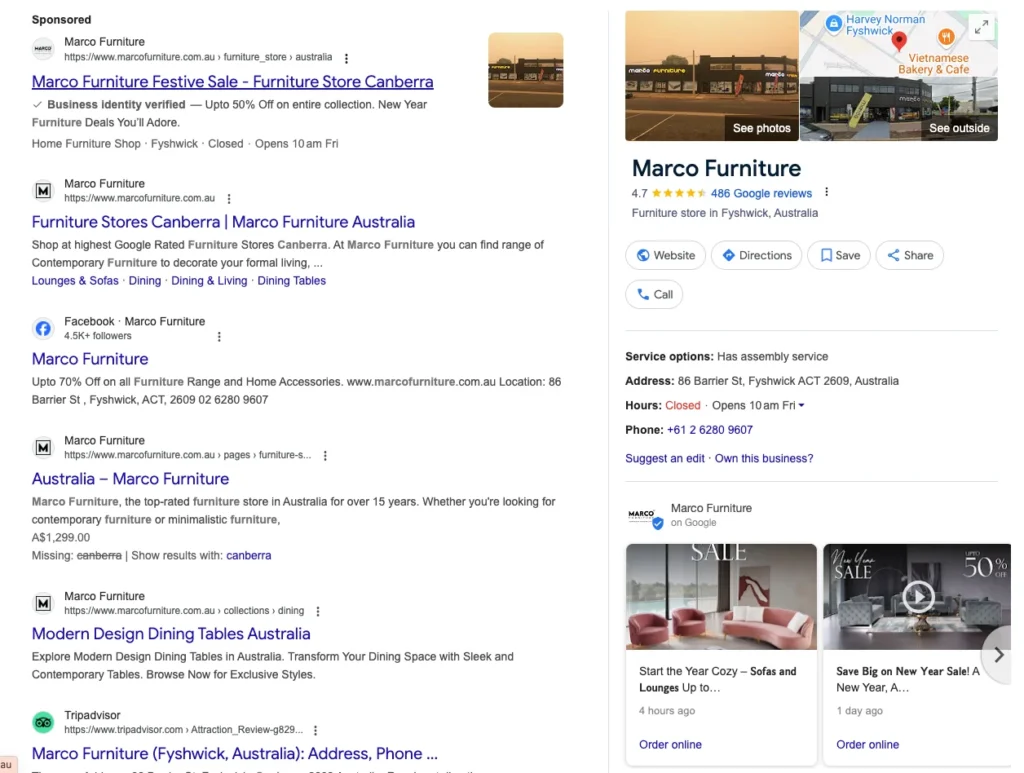 Local SEO snapshot, showing Google business profile, reviews, contact details, and promotions