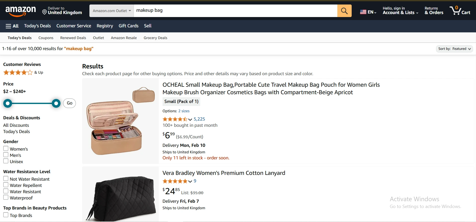 Amazon search results for makeup Bags with horizontal and vertical category menu