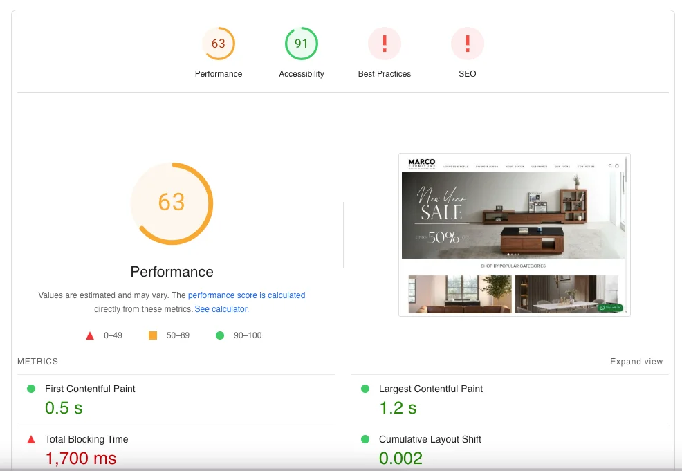 Shopify website performance report showing metrics like performance score, accessibility, and site speed insights